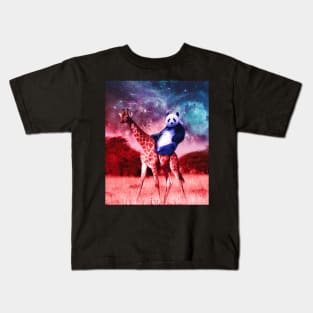 Trippy Panda Riding Giraffe In Space Kids T-Shirt